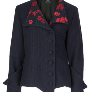 Navy jacket with embroidered detail on the collar.