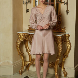 Silk dress with bell bishop sleeves.
