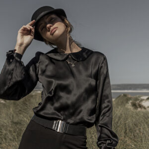black satin silk Peter Pan blouse.